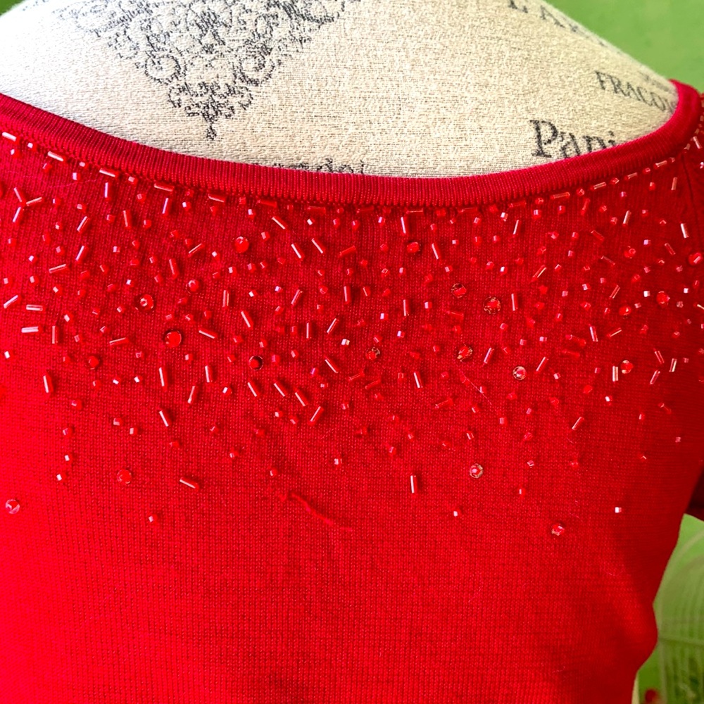 I.N.C. red short sleeve beaded top